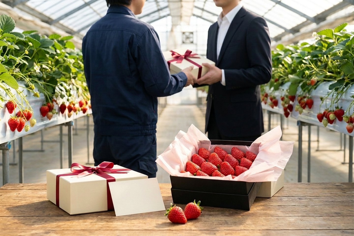 ハウスの中で、贈答用のいちごを取引先へ手渡す